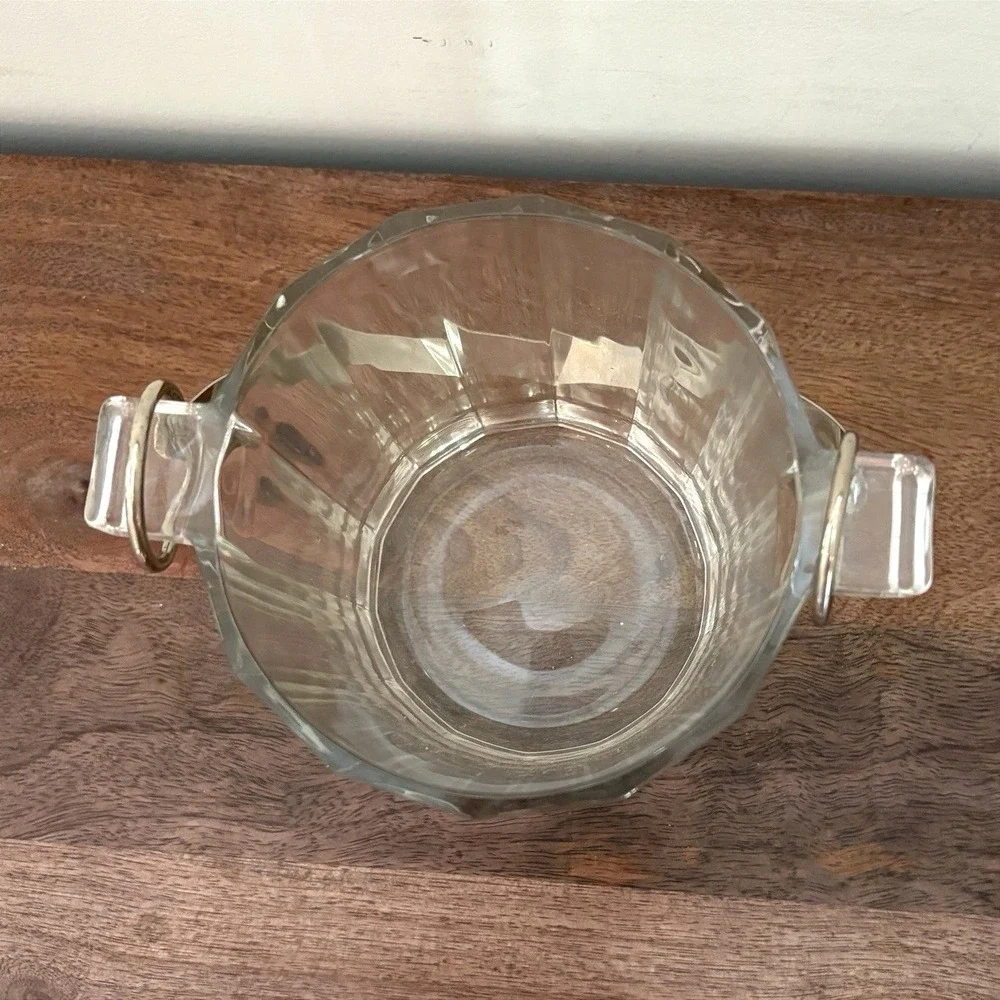 Vintage Clear Paneled Glass Ice‎ Bucket with Silver Tone Metal Swing Handle